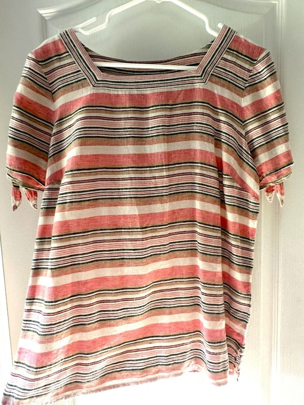 Talbots Womens Multi Stipe Linen Tie Sleeve Top Size M EUC
